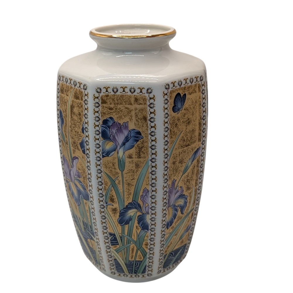Vintage Golden Mist Vase Octagon Porcelain Irises Blue  Gold Trim‎ Made In Japan